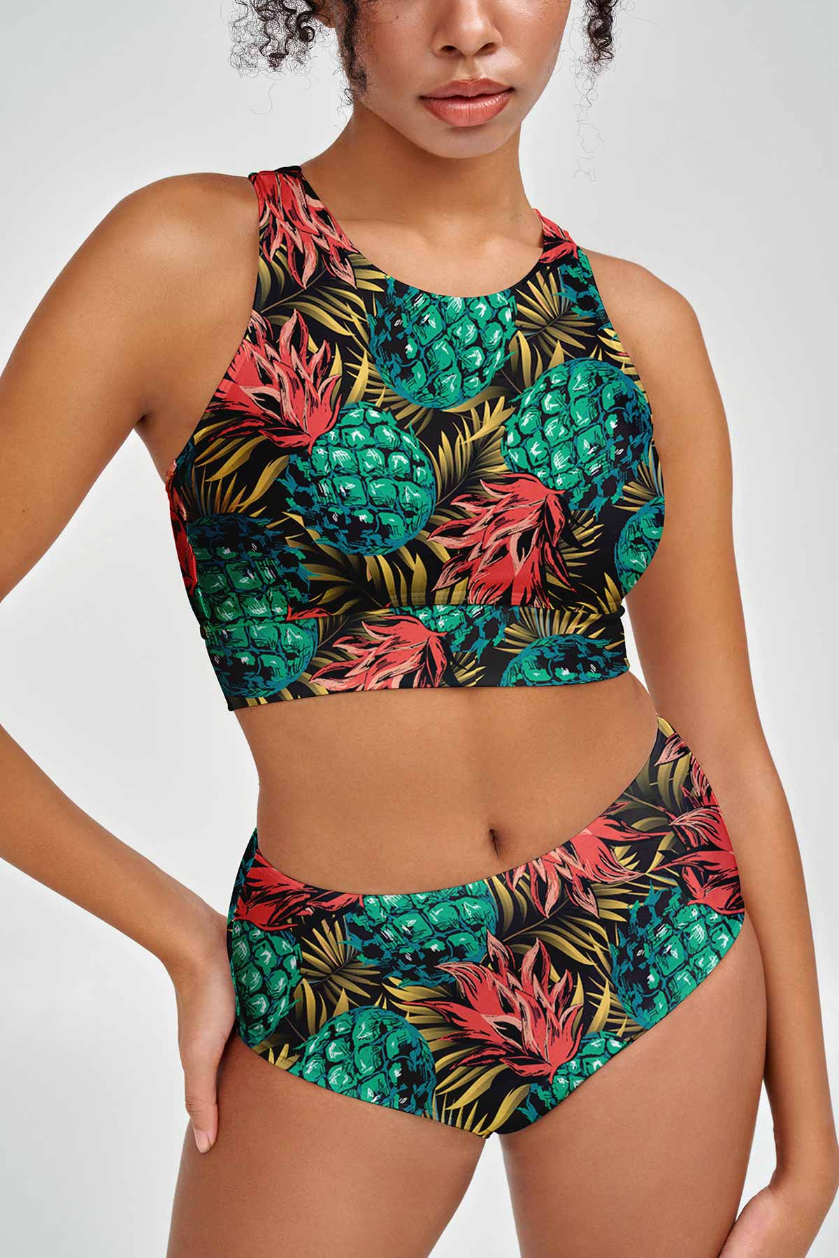 Tropicana Carly Pineapple Print High Neck Crop Bikini Top - Women - Pineapple Clothing