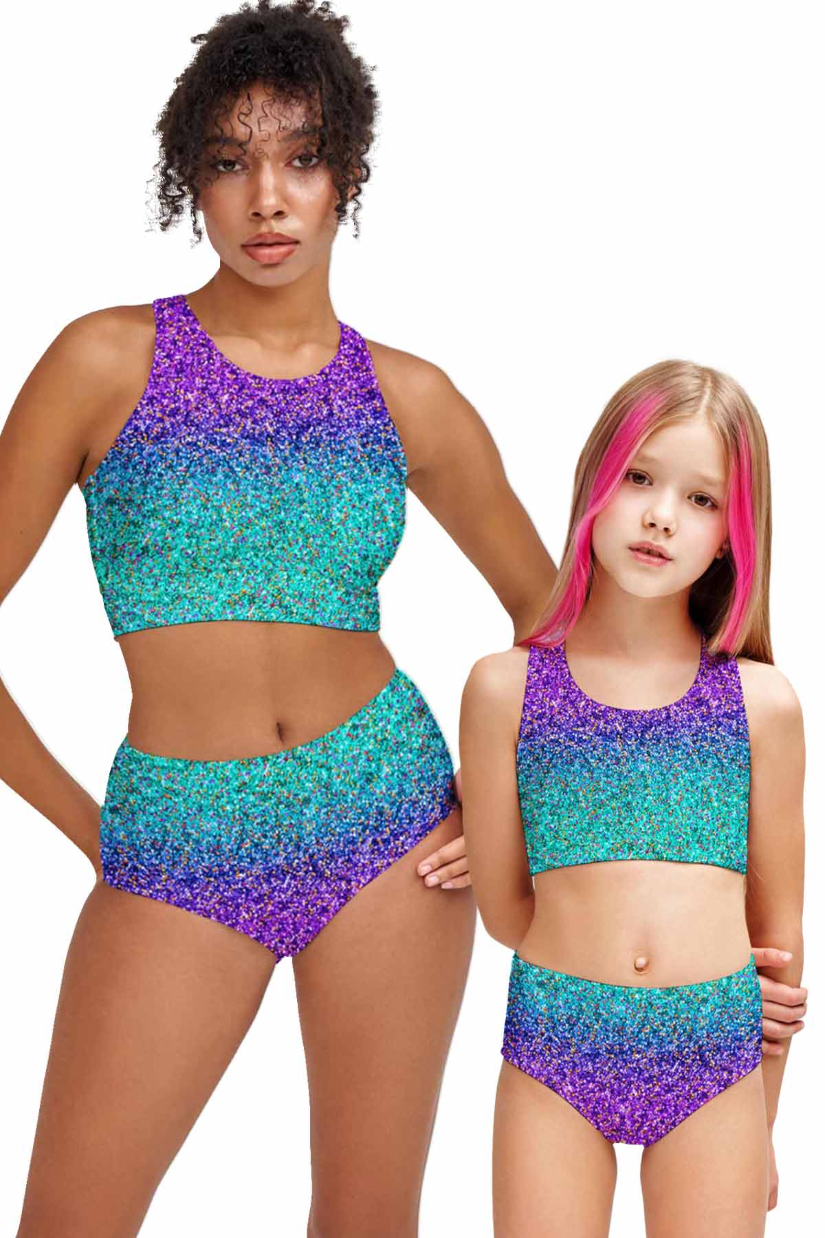 Ultraviolet Purple Mint Cute Two-Piece Sporty Swimsuits - Mommy and Me - Pineapple Clothing