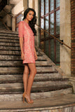 Dusty Pink Lace Elbow Sleeve Cocktail Party Shift Mini Dress - Women - Pineapple Clothing