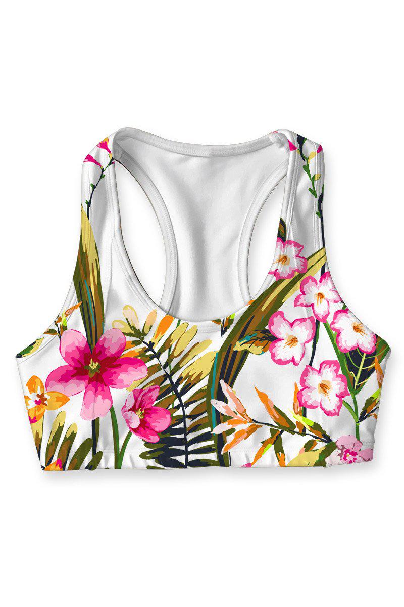 Mountain Garden Stella White Floral Print Sports Bra for Yoga - Women - Pineapple Clothing