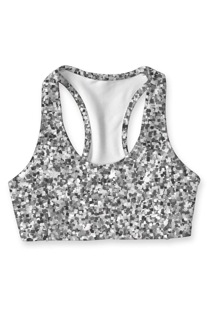 Swank Stella Silver Glitter Print Racerback Sports Yoga Bra - Women - Pineapple Clothing