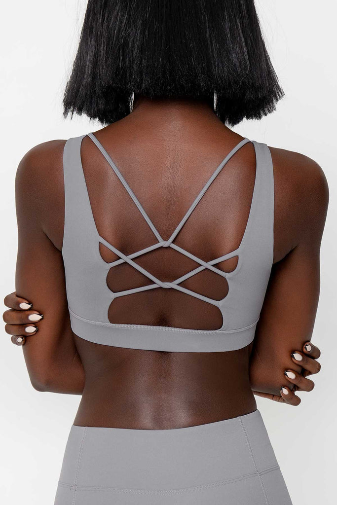 3 for $49! Silver Grey Kelly Strappy Open-Back Padded Sports Bra