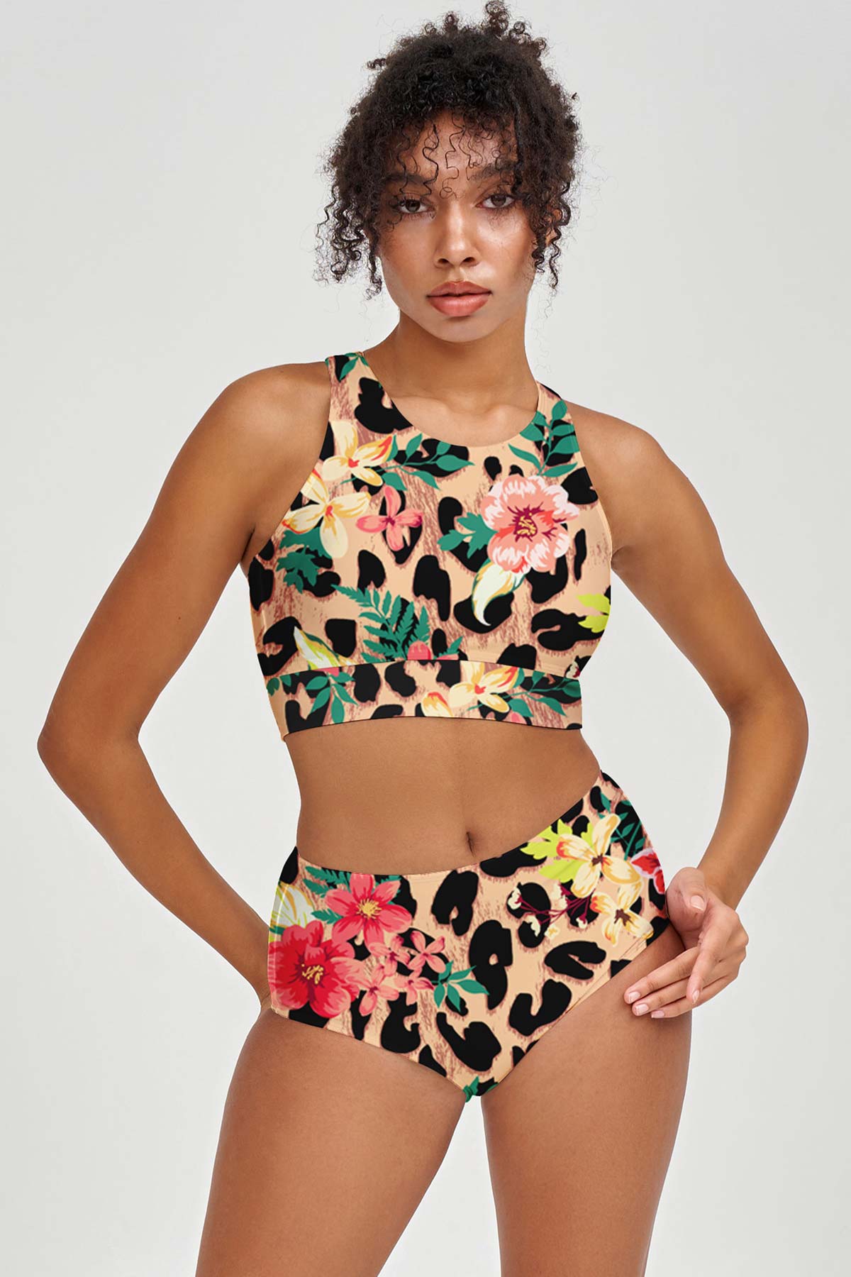 Wild & Free Carly Brown Floral Leopard Print Crop Bikini Top - Women - Pineapple Clothing