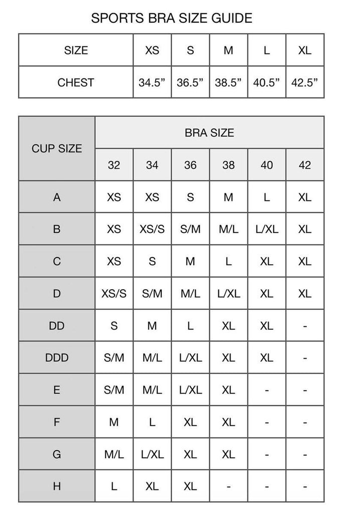 Women's Sports Bra Size Chart, Size Guide